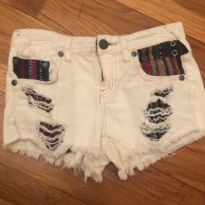Free People White and Tribal Print Denim Shorts